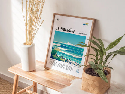 La Saladita Mexico Surf Spot Framed Poster | Guerrero Longboard Surfing Wave Wall Art | Mexi Log Fest Travel Print | Minimalist Style Design Surfer Gift