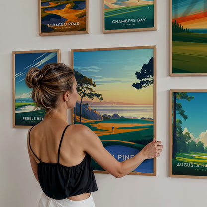 Golf Courses Gallery Wall | Tobacco Road & Pebble Beach | Set of 8 Framed Prints — styled in a modern interior