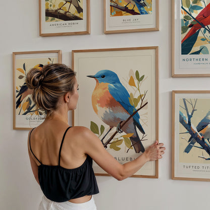Backyard Songbirds Gallery Wall | Cardinal & Tufted Titmouse | Set of 4 Framed Bird Prints — styled in a modern interior