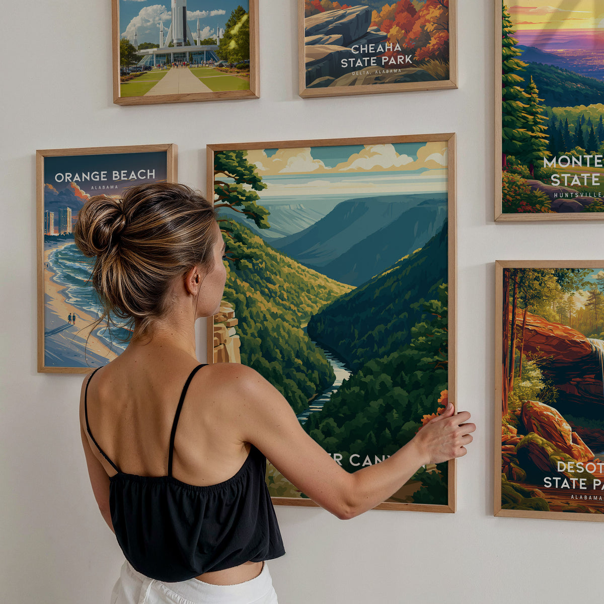 Alabama Travel Gallery Wall | Set of 6 | Travel Art Prints | Mixed Size Frames — styled in a modern interior