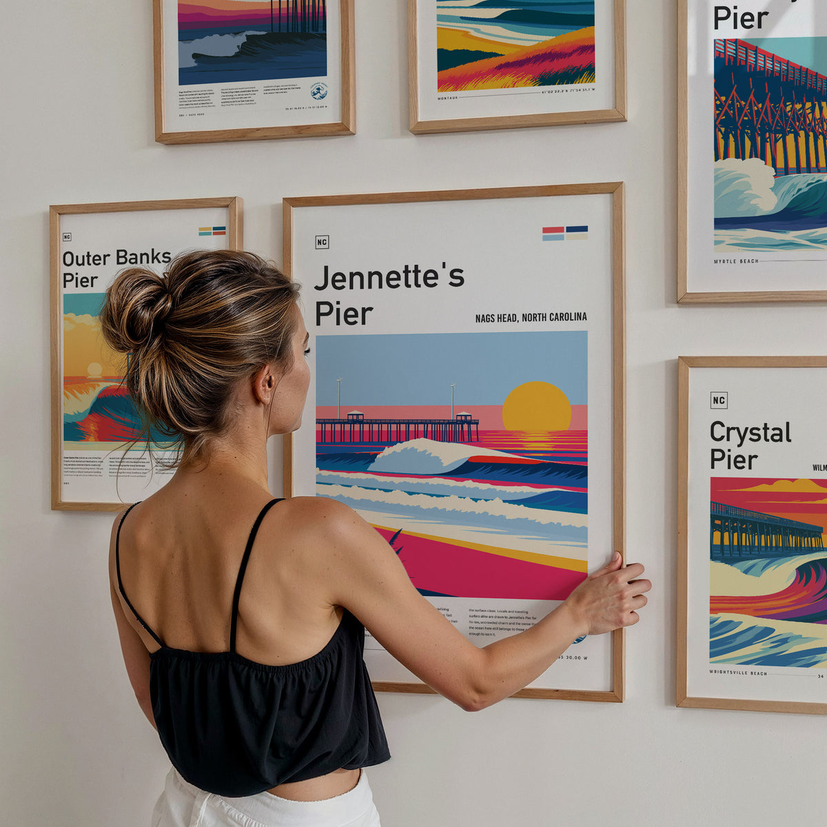 East Coast US Surf Spots Gallery Wall | Outer Banks Pier | Set of 8 Matching Framed Surf Prints — styled in a modern interior