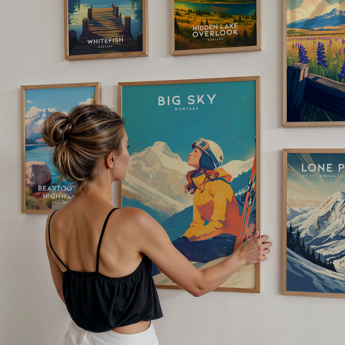 Montana Gallery Wall | Lone Peak, Hidden Lake Overlook & Whitefish | Set of 5 Framed Prints — styled in a modern interior