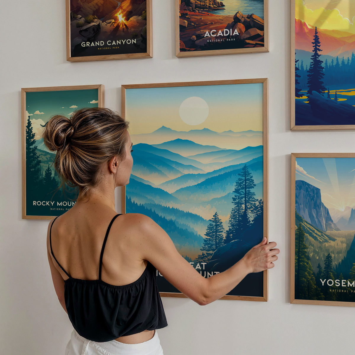 National Parks Gallery Wall | Pick 6 Symmetrical Framed or Unframed Set — styled in a modern interior