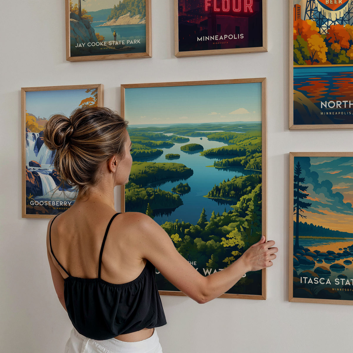 Minnesota Gallery Wall | Itasca State Park & Minneapolis | Set of 4 Matching Framed Prints — styled in a modern interior