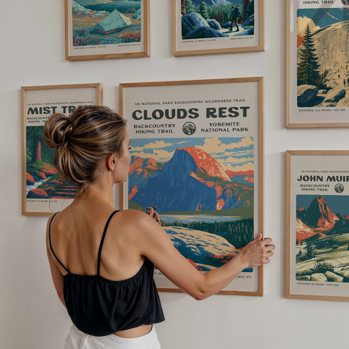 California Trails Gallery Wall | Half Dome & John Muir Trail | Set of 4 Framed Trail Prints — styled in a modern interior