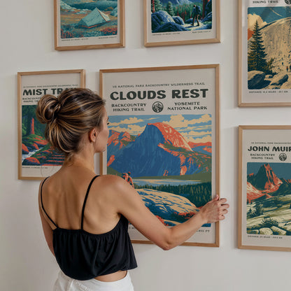 California Trails Gallery Wall | Half Dome & John Muir Trail | Set of 4 Framed Trail Prints — styled in a modern interior