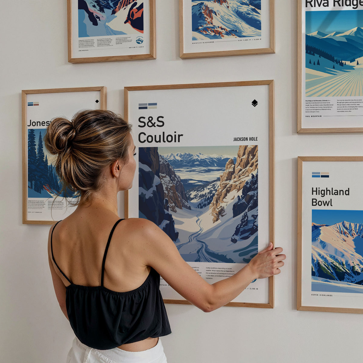 Ski Run Collection | Gallery Wall Set of 8 | Framed Gallery Set | Gallery Wall Kit — styled in a modern interior