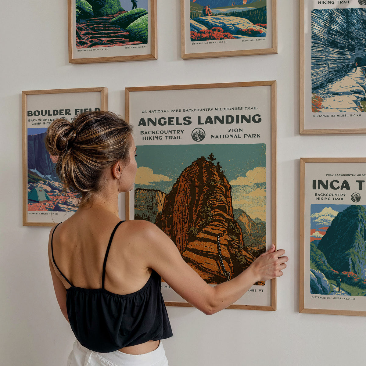 Mountain Peaks Trails Gallery Wall | Highline Trail & Inca Trail | Set of 4 Framed Trail Prints — styled in a modern interior