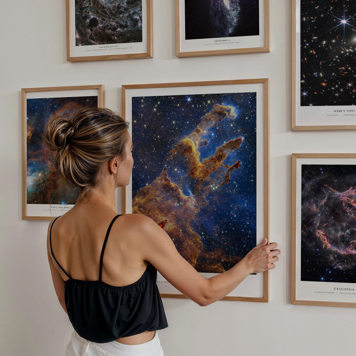 James Webb Space Telescope Gallery Wall | Set of 8 | Space Art Prints | Bedroom Wall Art — styled in a modern interior