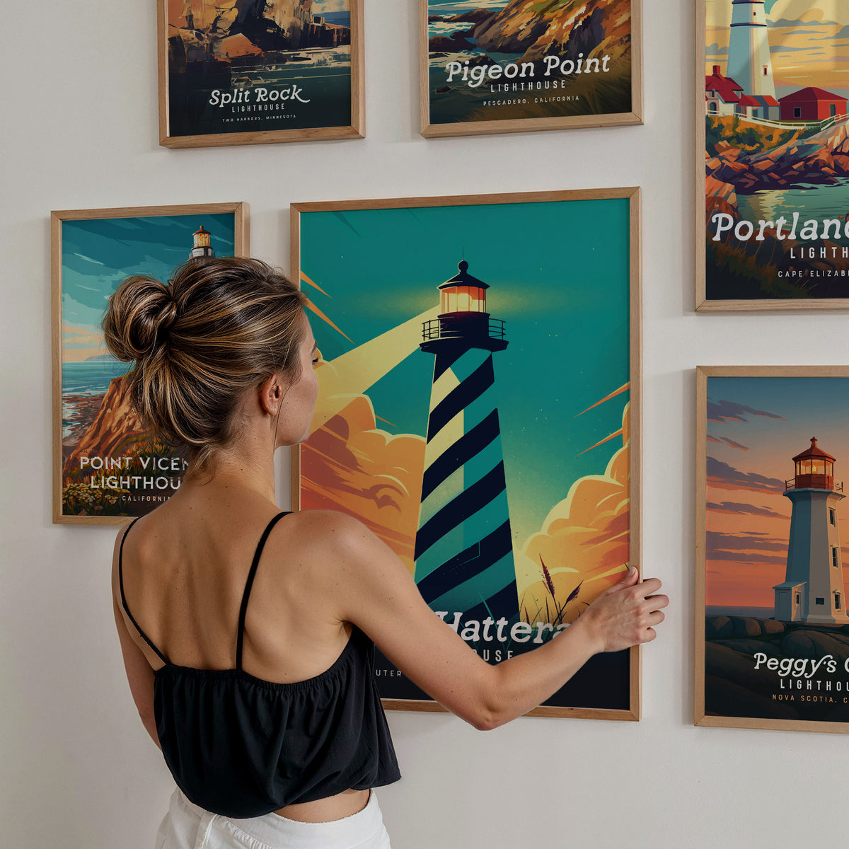 Lighthouses Gallery Wall | Set of 4 | Lighthouse Art | Living Room Decor — styled in a modern interior