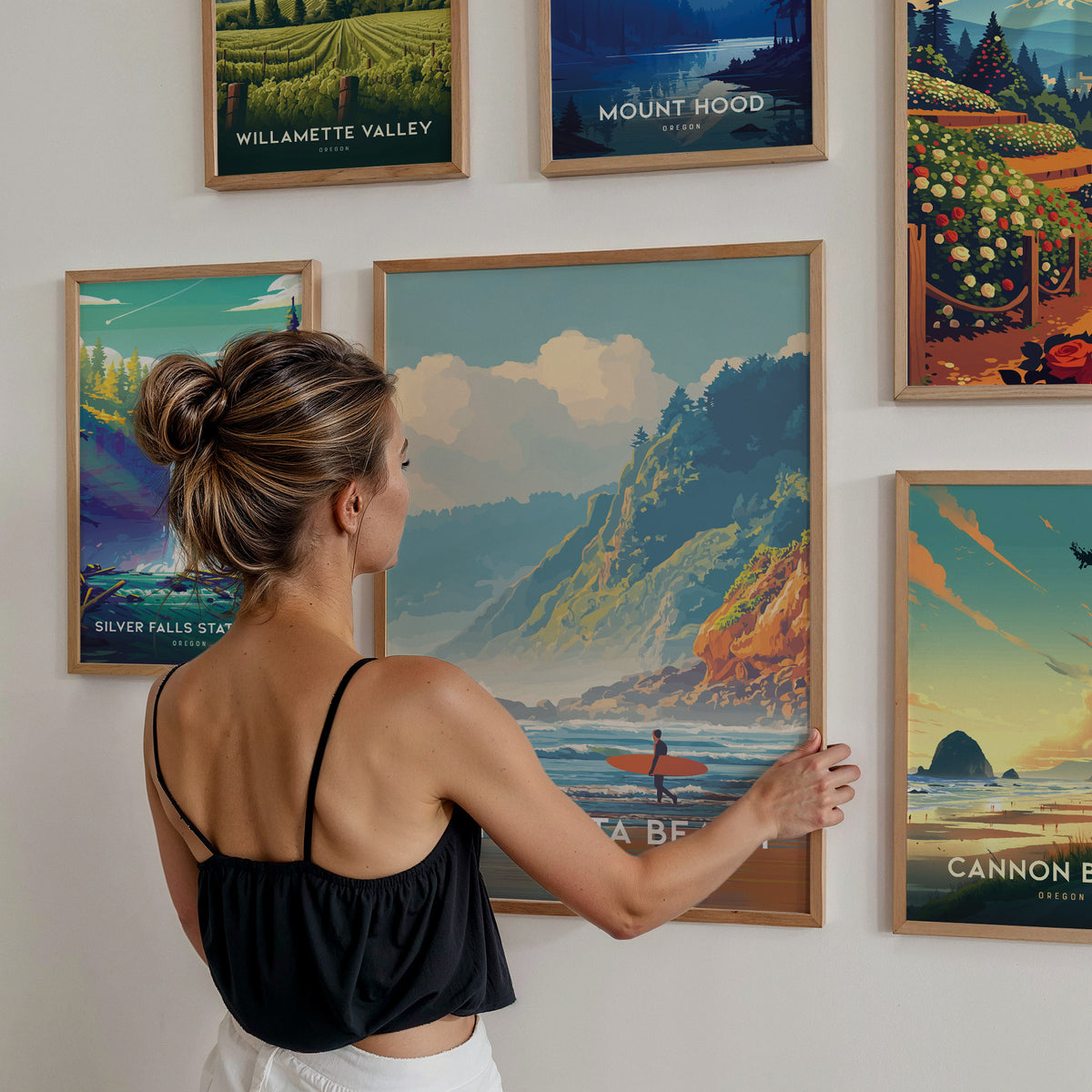 Oregon Gallery Wall | Willamette Valley & Silver Falls State Park | Set of 8 Framed Prints — styled in a modern interior