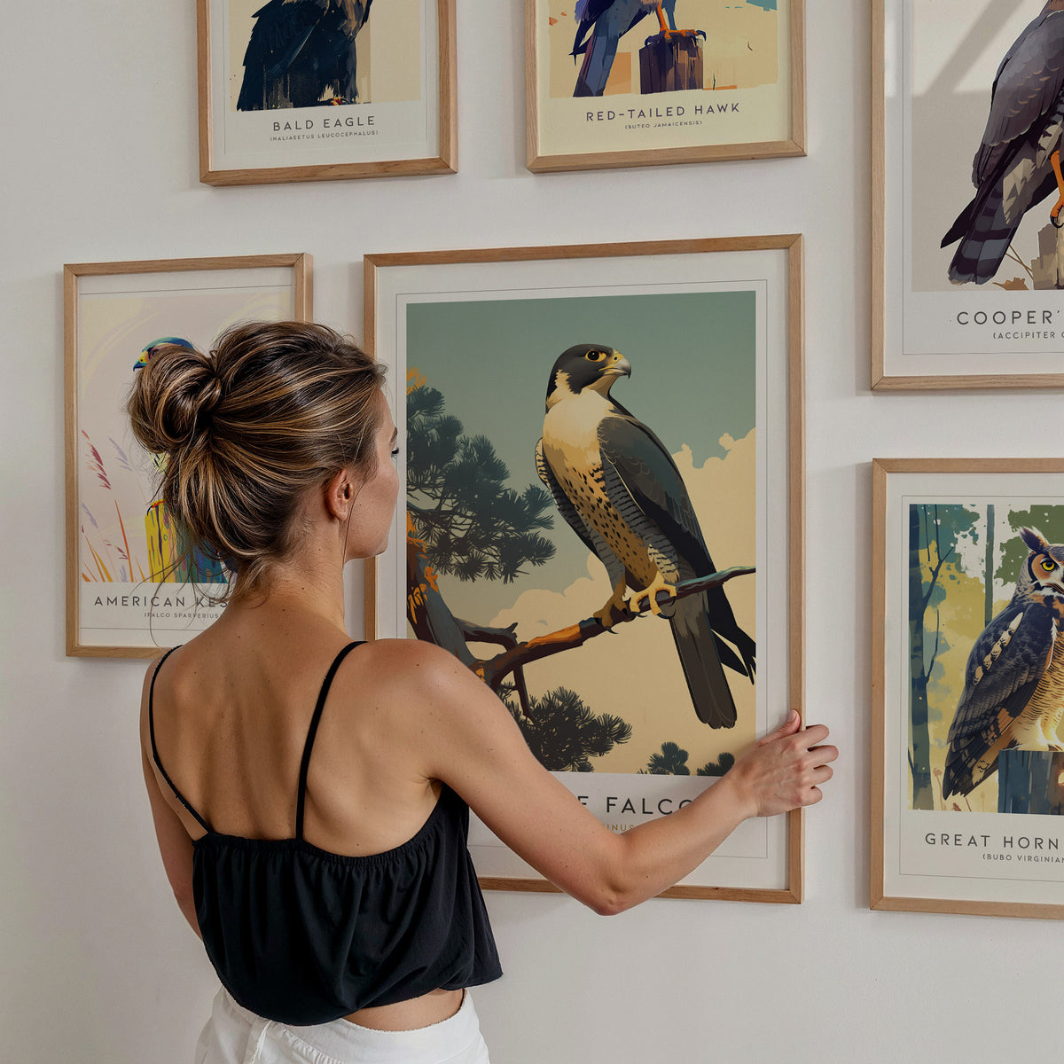 Birds of Prey - Raptors Gallery Wall | Red tailed Hawk | Set of 6 Framed Bird Prints — styled in a modern interior