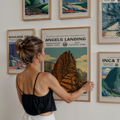 Mountain Peaks Trails Gallery Wall | Highline Trail | Set of 6 Matching Framed Trail Prints — styled in a modern interior