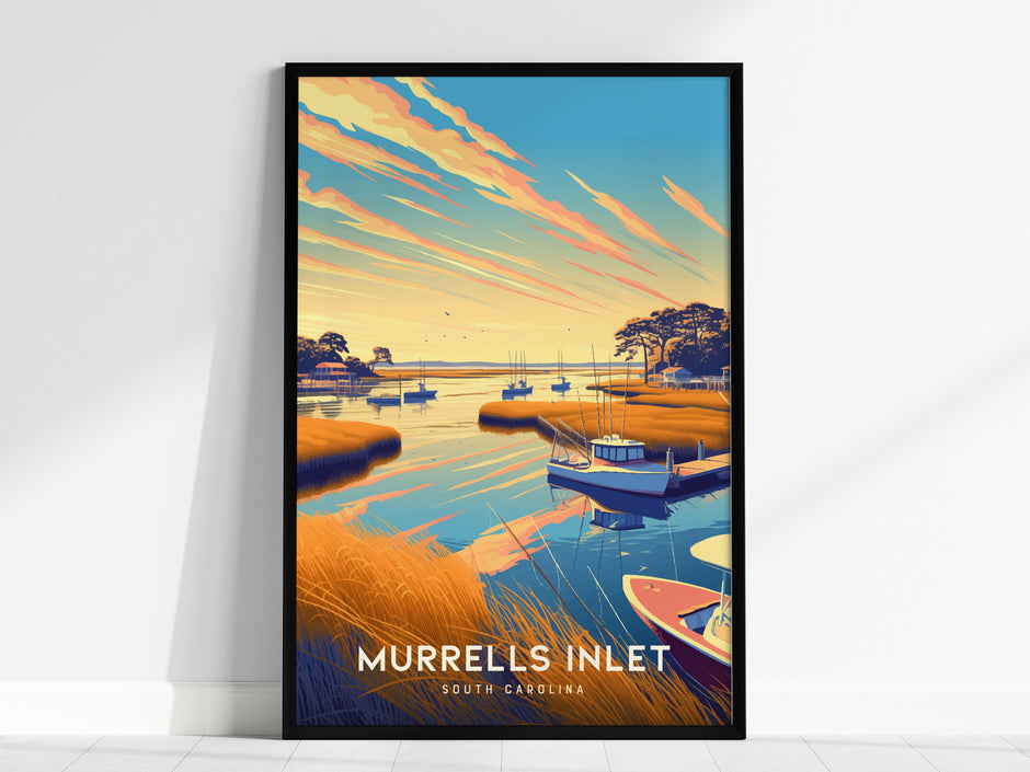 Framed artwork of Murrells Inlet, South Carolina with boats and sunset.