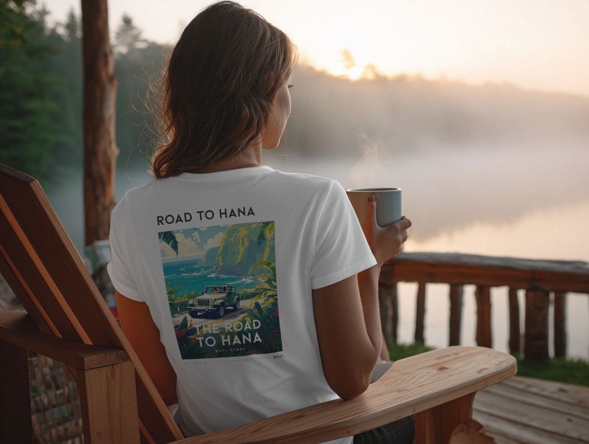 Road to Hana Travel T-Shirt | Maui Rainforest Drive Art Tee — design printed on the back of the t-shirt