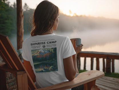 Sunrise Camp Hiking T-Shirt | Camper Gift | Alpine Glow Trail Tee — design printed on the back of the t-shirt