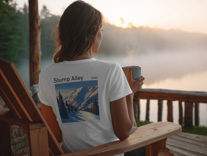 Stump Alley Ski T-Shirt | Mammoth Mountain Art Tee — design printed on the back of the t-shirt