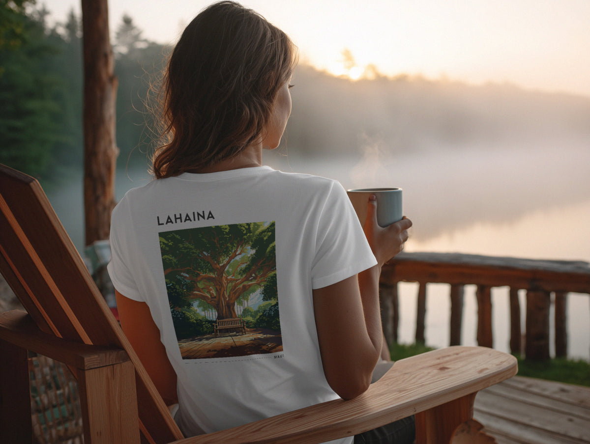 Lahaina, Maui Travel T-Shirt | Old Town Aloha Spirit Tee — design printed on the back of the t-shirt