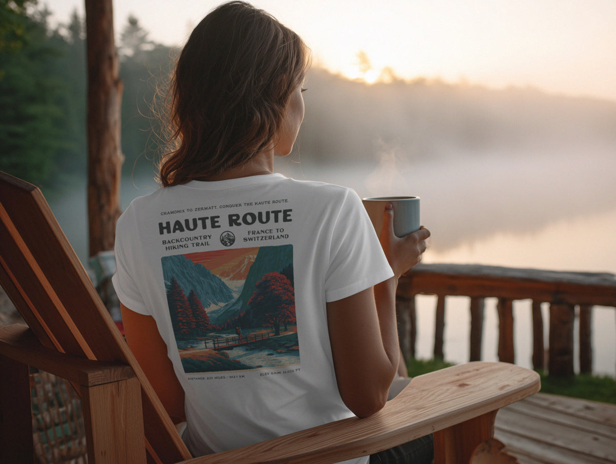 Walker's Haute Route Hiking T-Shirt | Hiker Gift | Alpine Epic Trail Tee — design printed on the back of the t-shirt