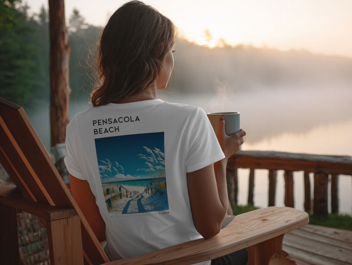 Pensacola Beach Travel T-Shirt | Gulf Coast Sun & Sand — design printed on the back of the t-shirt