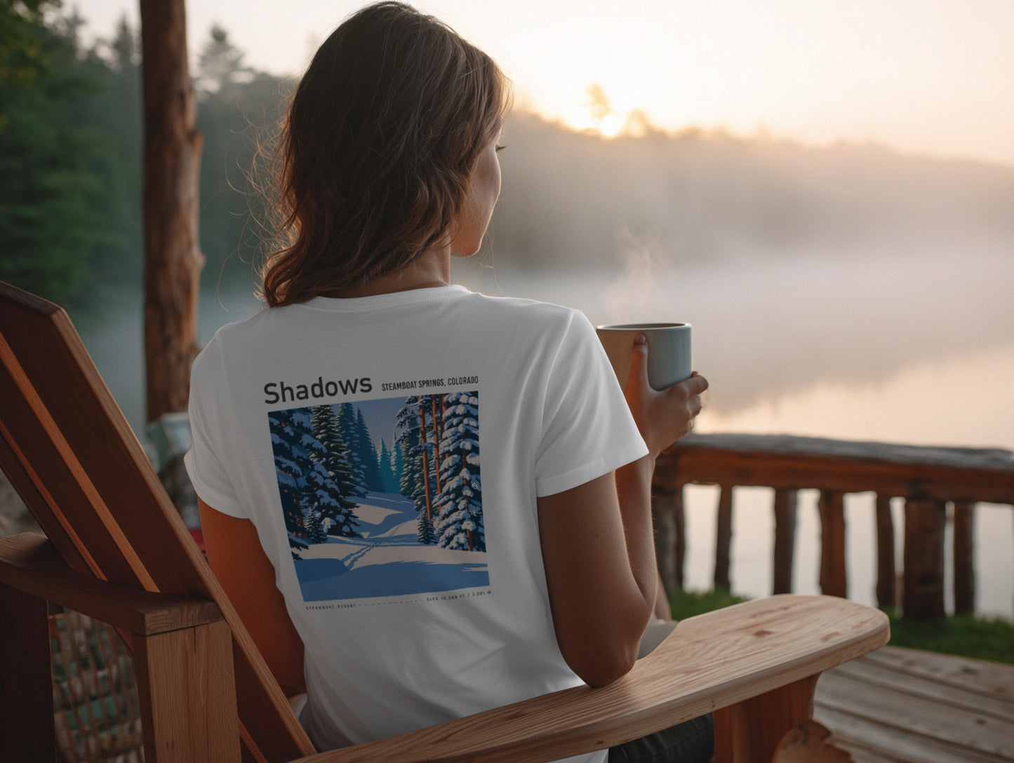 Shadows, Steamboat Ski T-Shirt | Rocky Mountain Powder Art Tee — design printed on the back of the t-shirt