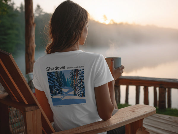 Shadows, Steamboat Ski T-Shirt | Rocky Mountain Powder Art Tee — design printed on the back of the t-shirt