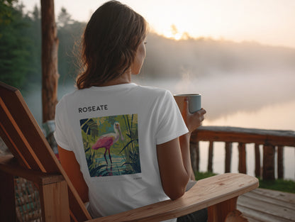 Florida Roseate Spoonbill Travel T-Shirt | Pink Wings, Wild Places — design printed on the back of the t-shirt
