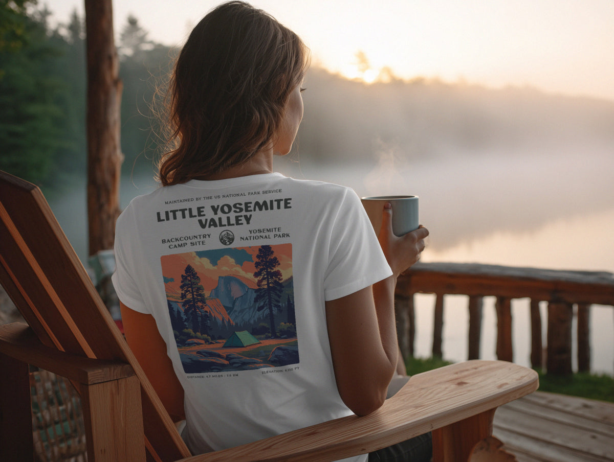 Little Yosemite Valley Hiking T-Shirt | Hiker Gift | High Sierra Trail Tee — design printed on the back of the t-shirt