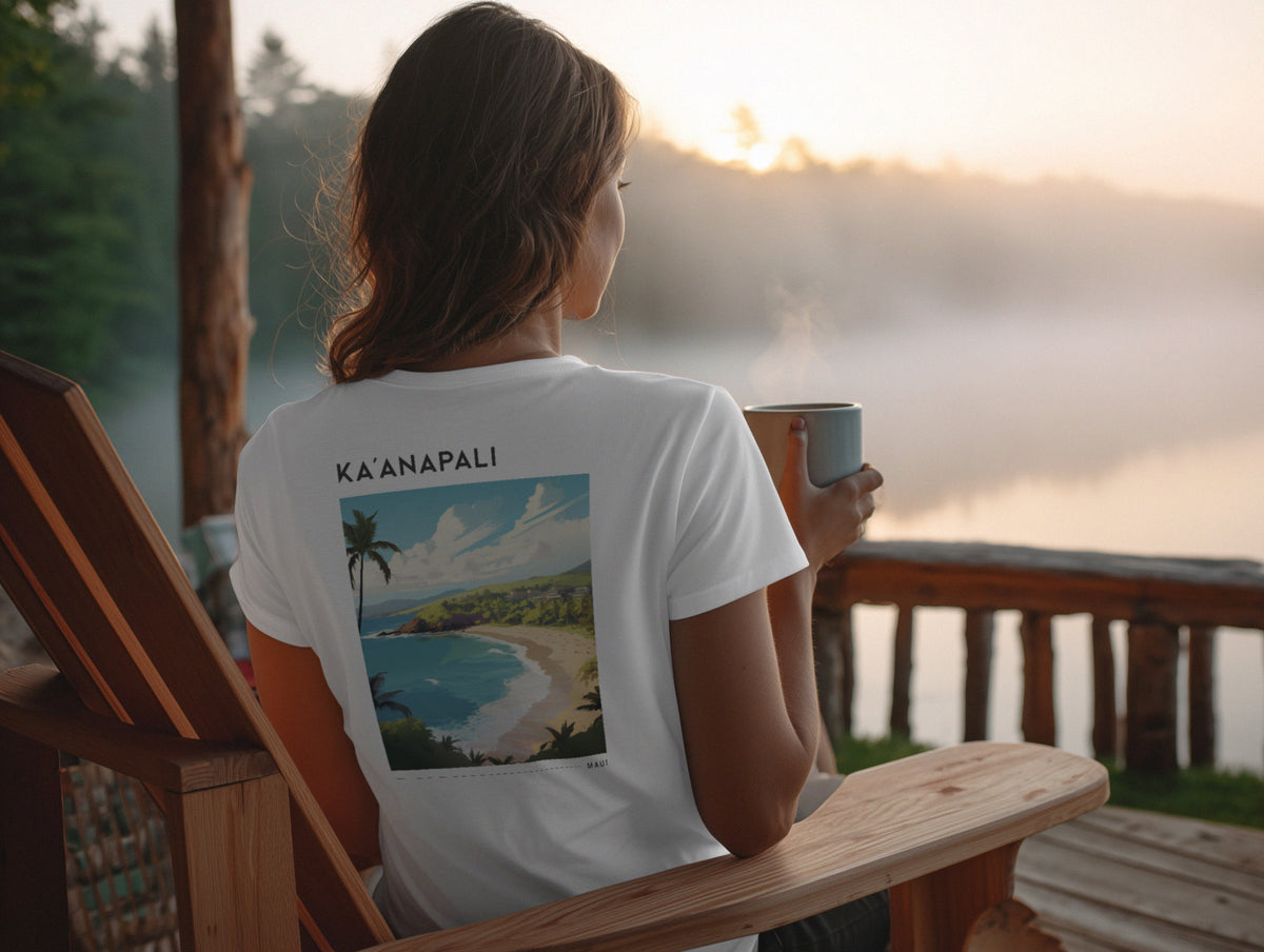 Ka'anapali, Maui Travel T-Shirt | Golden Shore Aloha Art Tee — design printed on the back of the t-shirt