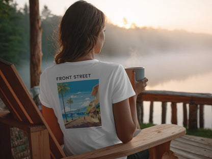 Front Street, Lahaina Travel T-Shirt | Old Maui Town Art Tee — design printed on the back of the t-shirt