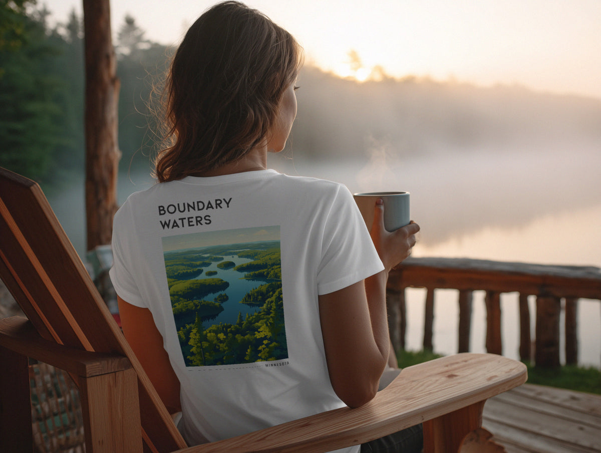 Boundary Waters Travel T-Shirt | Minnesota Wilderness Canoe Country Art — design printed on the back of the t-shirt