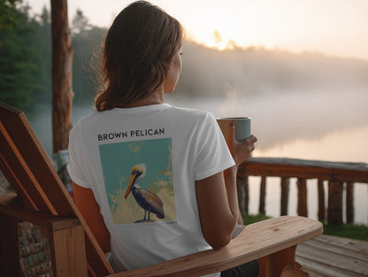Florida Travel T-Shirt | Brown Pelican Coastal Art Tee — design printed on the back of the t-shirt