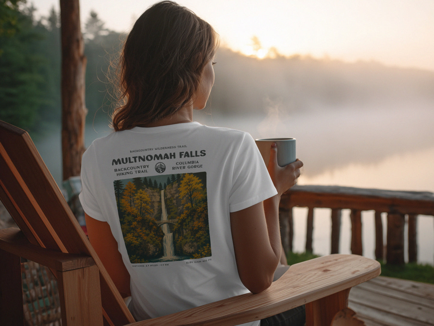 Multnomah Falls Hiking T-Shirt | Hiker Gift | Oregon Waterfall Trail Tee — design printed on the back of the t-shirt