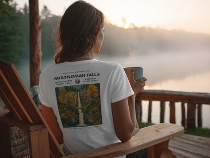 Multnomah Falls Hiking T-Shirt | Hiker Gift | Oregon Waterfall Trail Tee — design printed on the back of the t-shirt