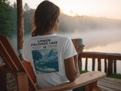 Lower Palisade Lake Hiking T-Shirt | Backpacker Gift | High Sierra Trail Tee — design printed on the back of the t-shirt