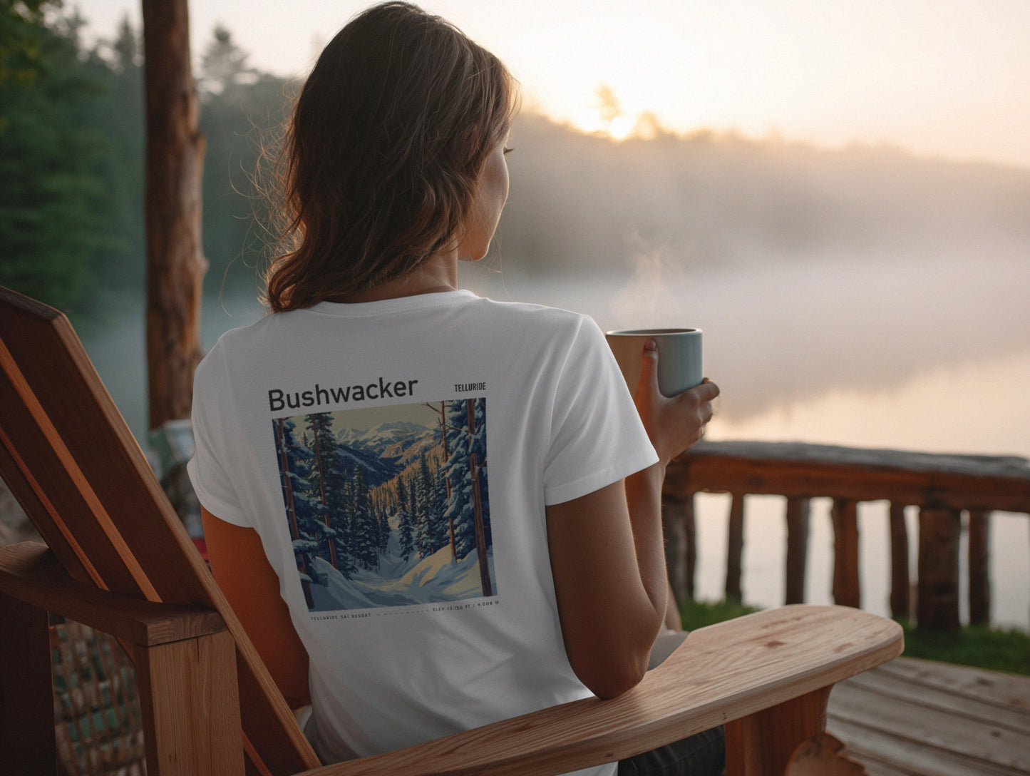 Bushwacker Ski T-Shirt | Telluride Mountain Art Tee — design printed on the back of the t-shirt