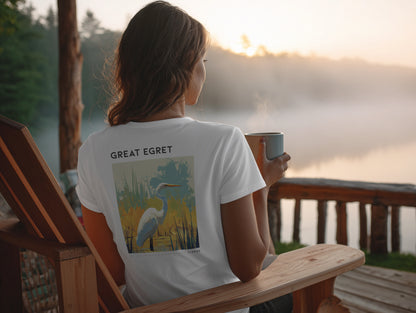 Florida Great Egret Travel T-Shirt | Coastal Wildlife Art Tee — design printed on the back of the t-shirt
