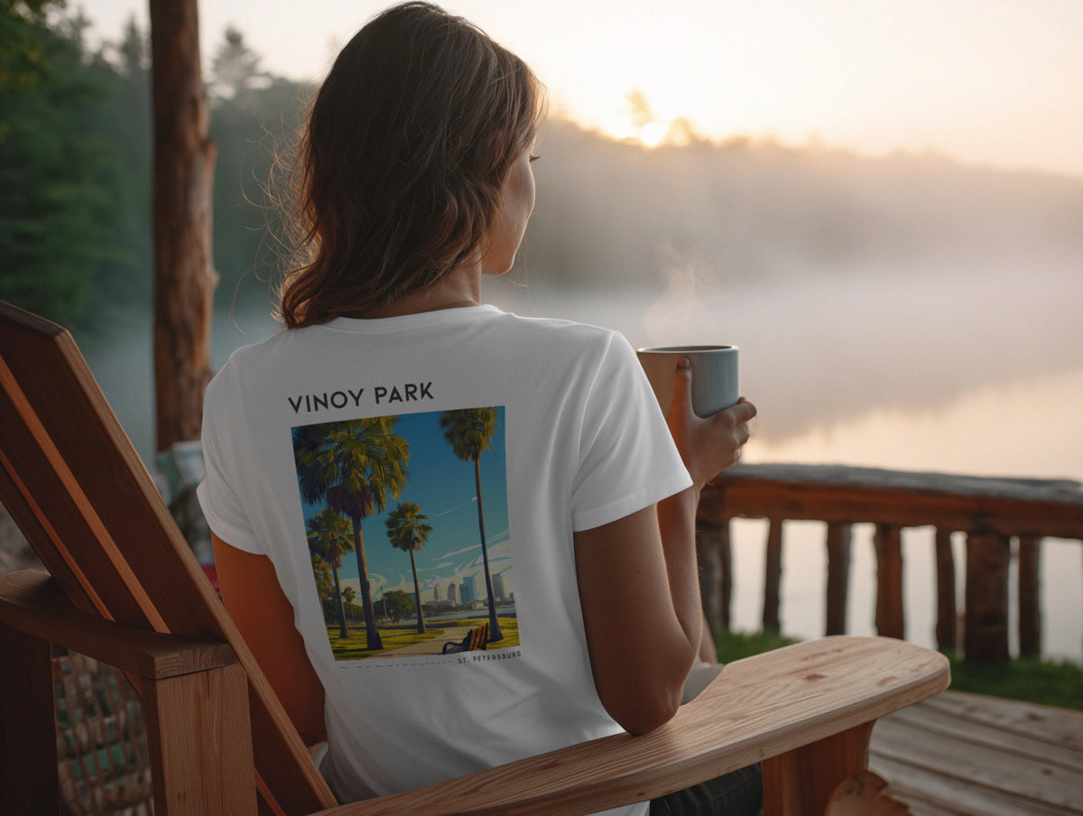 Vinoy Park Travel T-Shirt | St. Pete Waterfront Art Tee — design printed on the back of the t-shirt