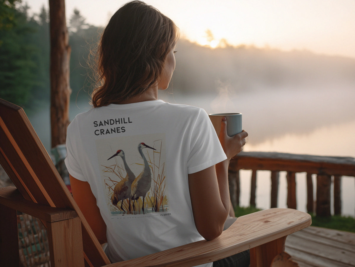 Sandhill Cranes Florida Travel T-Shirt | Wild Birds of the Sunshine State — design printed on the back of the t-shirt