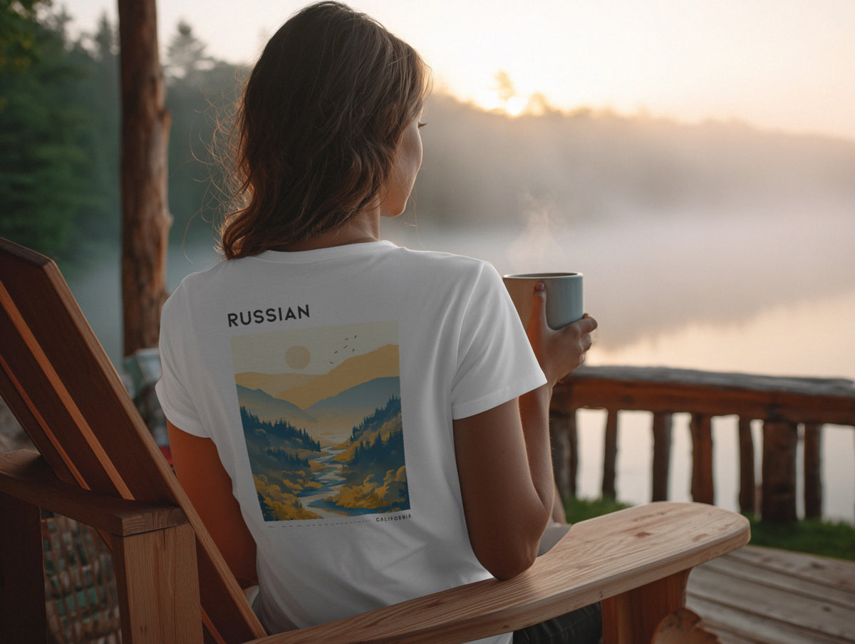 Russian River Valley Travel T-Shirt | Wine Country California Art Tee — design printed on the back of the t-shirt