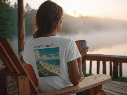 Myrtle Beach Travel T-Shirt | Sun, Sand & Grand Strand — design printed on the back of the t-shirt