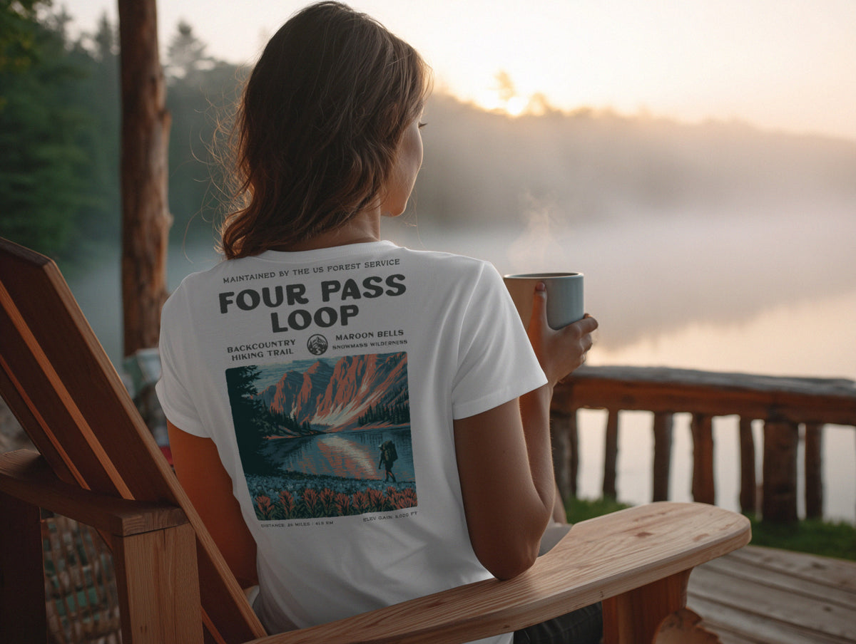 Four Pass Loop Hiking T-Shirt | Hiker Gift | Maroon Bells Wilderness Tee — design printed on the back of the t-shirt