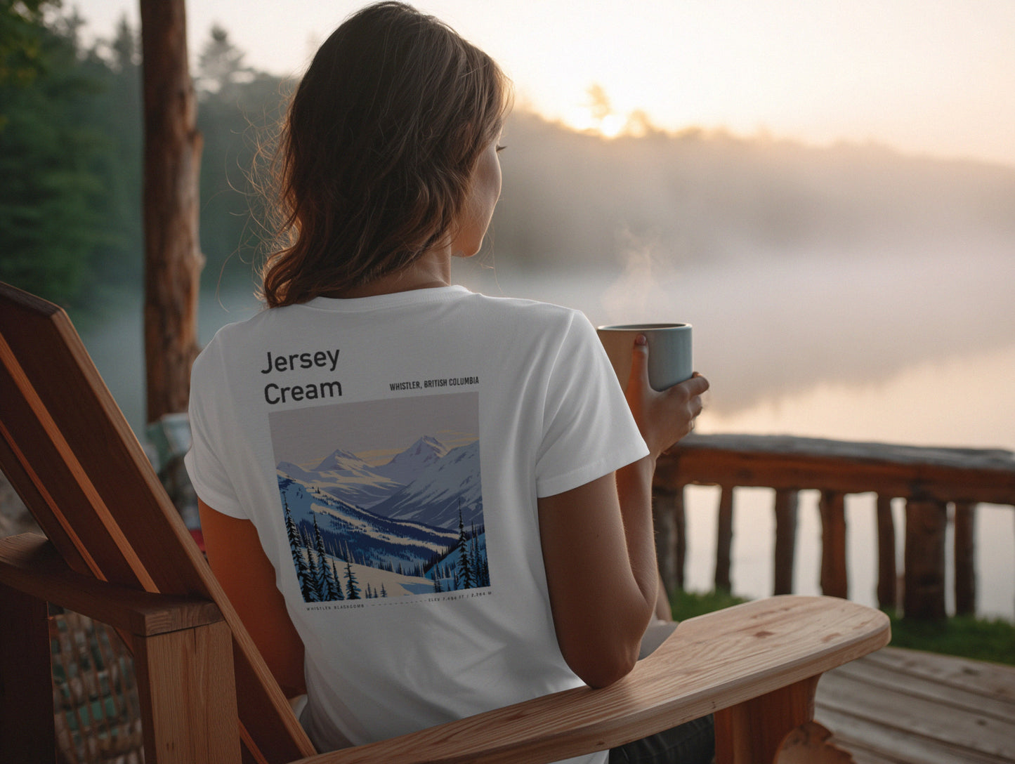 Jersey Cream Ski T-Shirt | Whistler Blackcomb Mountain Art Tee — design printed on the back of the t-shirt