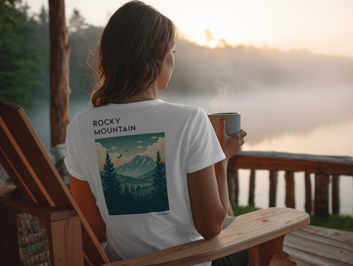 Rocky Mountain National Park Travel T-Shirt | Colorado Alpine Adventure Art Tee — design printed on the back of the t-shirt