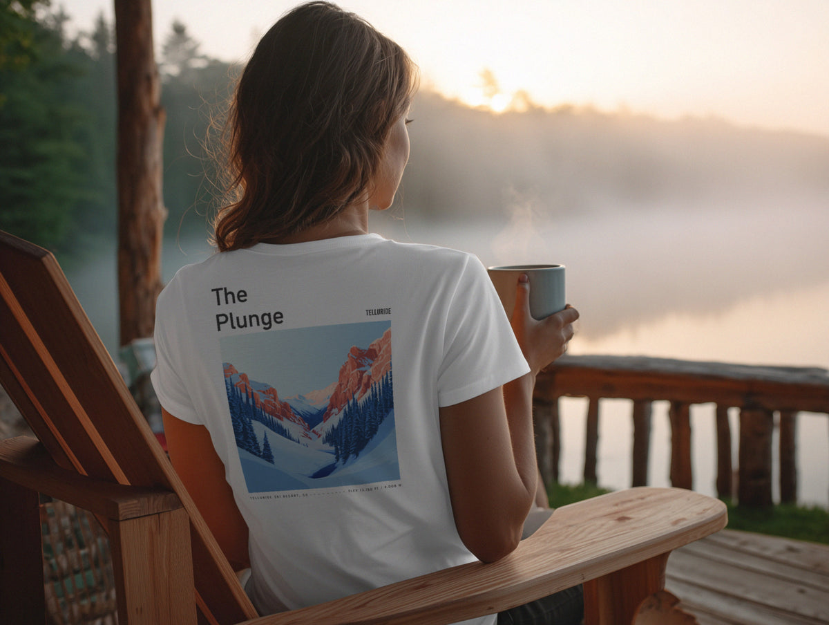 The Plunge Ski T-Shirt | Telluride Mountain Art Tee — design printed on the back of the t-shirt