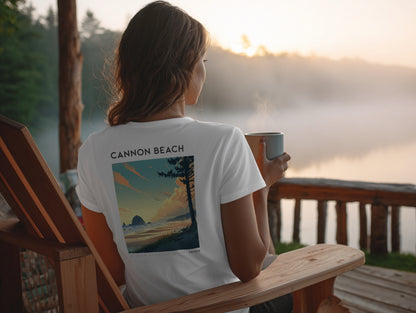 Cannon Beach Travel T-Shirt | Oregon Coast Iconic Haystack Rock — design printed on the back of the t-shirt