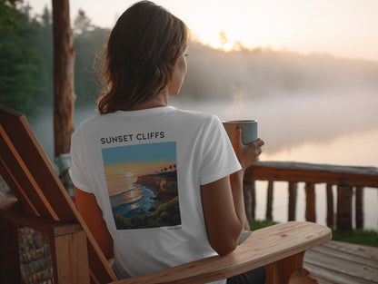 Sunset Cliffs Travel T-Shirt | San Diego Coastal Art Tee — design printed on the back of the t-shirt
