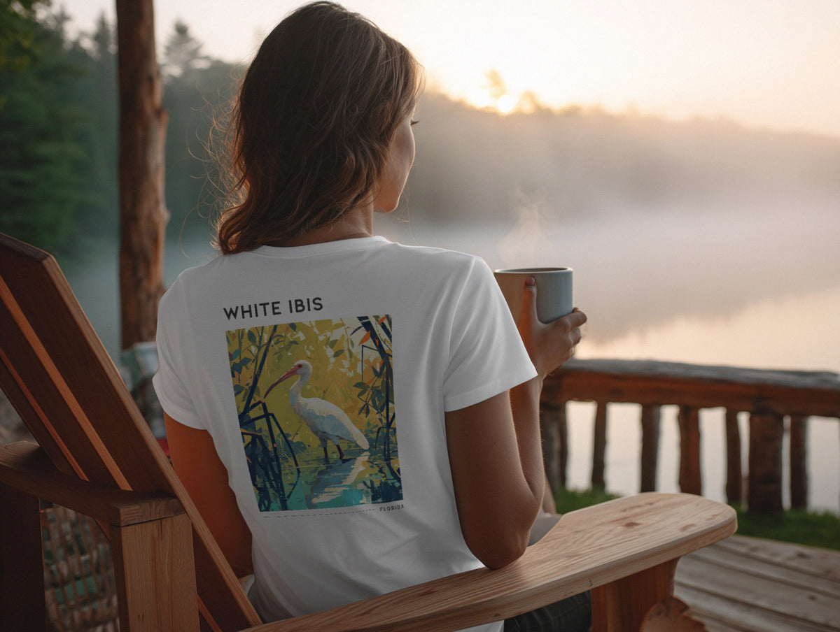 White Ibis Florida Travel T-Shirt | Coastal Bird Art Tee — design printed on the back of the t-shirt