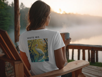 White Ibis Florida Travel T-Shirt | Coastal Bird Art Tee — design printed on the back of the t-shirt