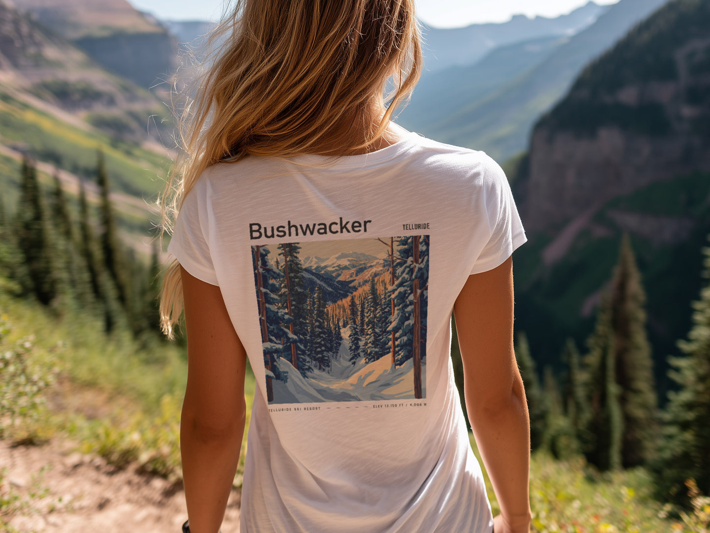 Bushwacker Ski T-Shirt | Telluride Mountain Art Tee — design printed on the back of the t-shirt